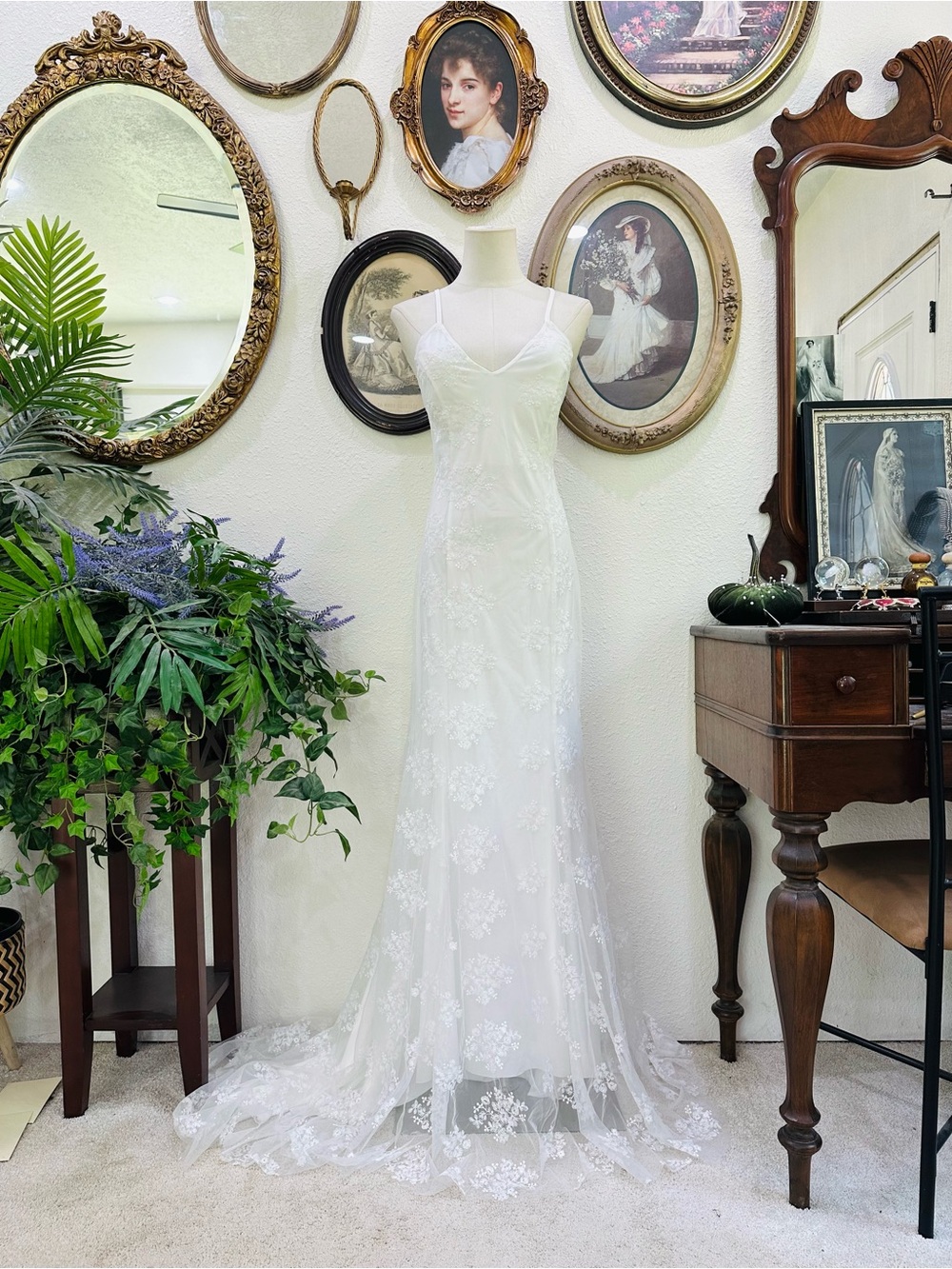 Elegant White Lace Bridal Gown with Sheer Overlay